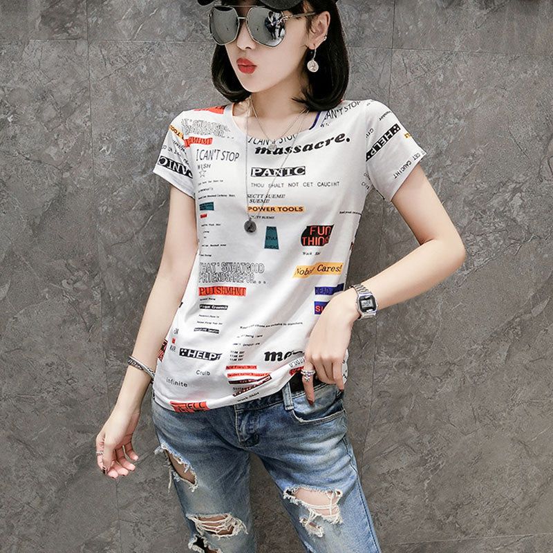 Cotton printed letter Slim short-sleeved T-shirt blouse