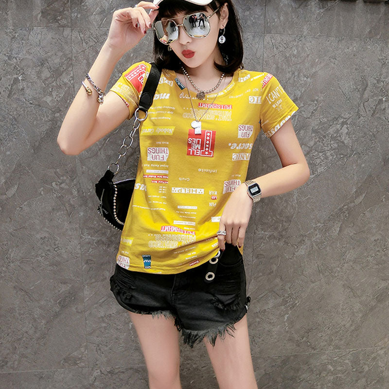 Cotton printed letter Slim short-sleeved T-shirt blouse