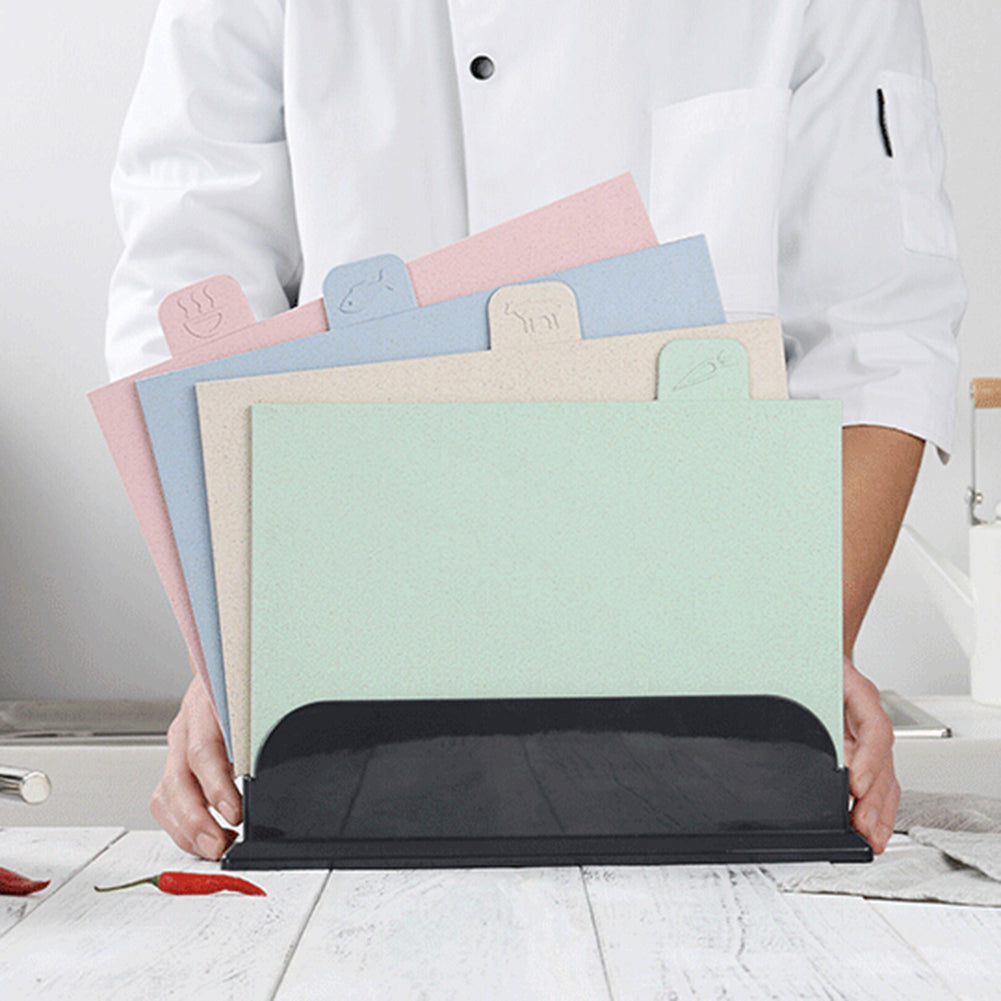 4Pcs Wheat Straw Non-slip Cutting Board Rectangle Chopping Block with Holder