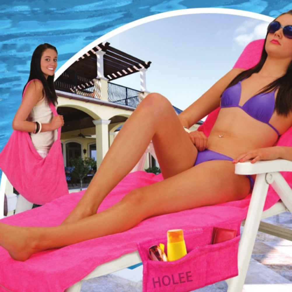 Solid Color Microfiber Double Layer Beach Lounge Chair Cover Towel with Pockets