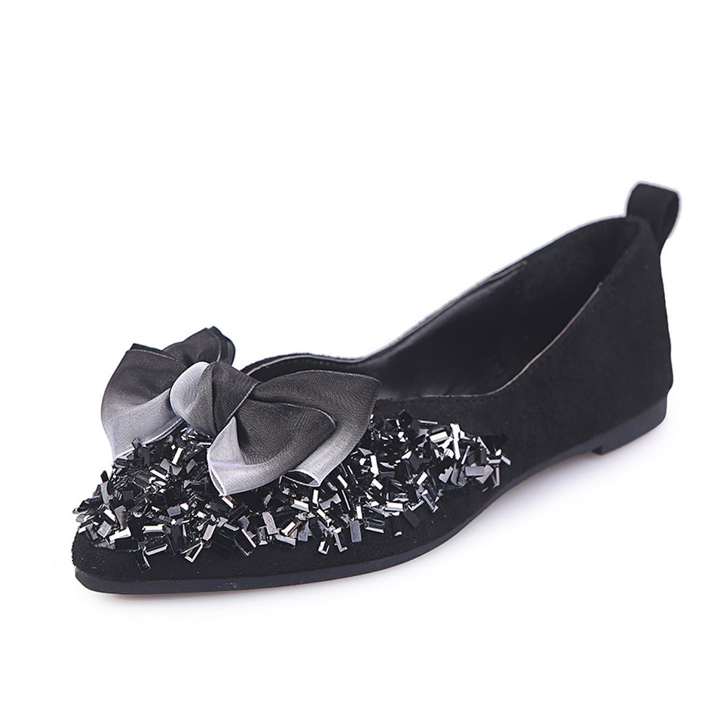Butterfly-tied pointed flat-bottomed shallow-mouthed single shoe