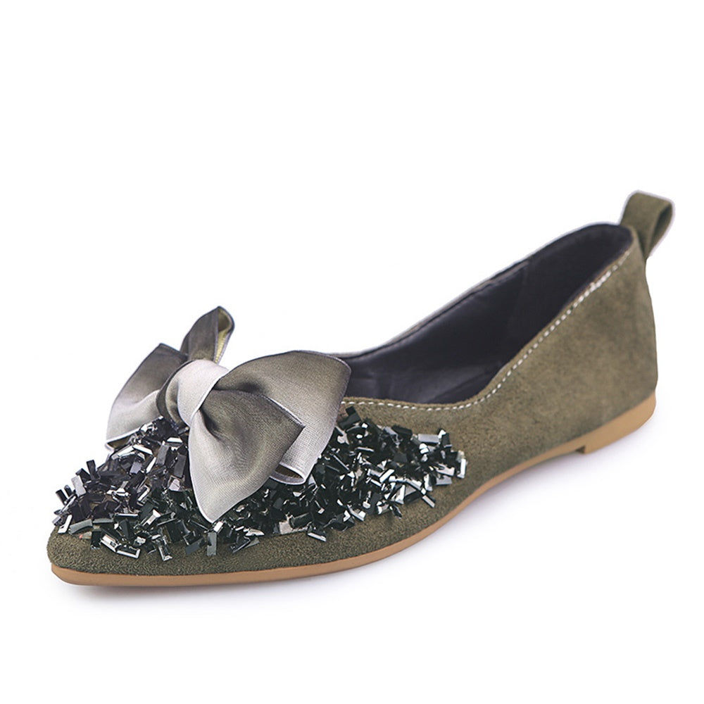 Butterfly-tied pointed flat-bottomed shallow-mouthed single shoe