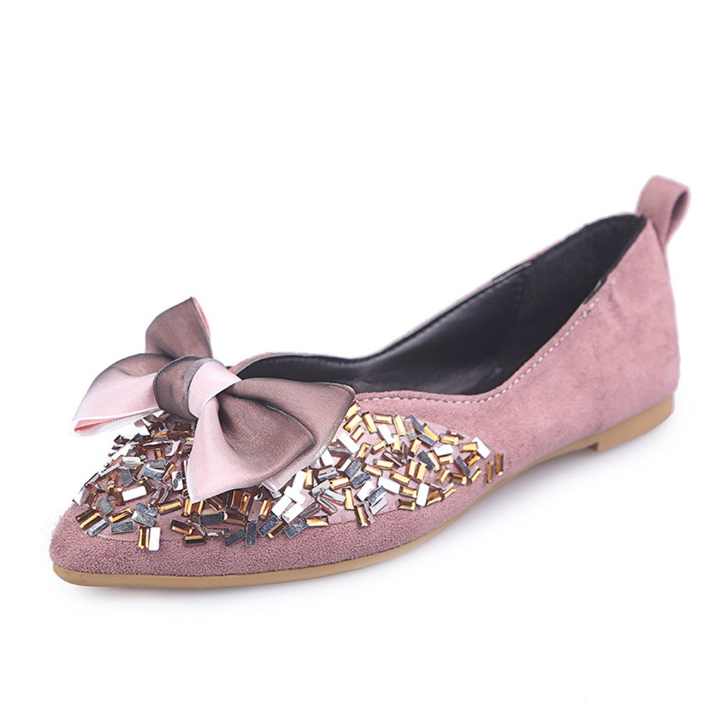 Butterfly-tied pointed flat-bottomed shallow-mouthed single shoe