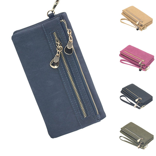 Fashion Dual-Zipper Matte Faux Leather Women Long Purse Cash Card Clutch Bag