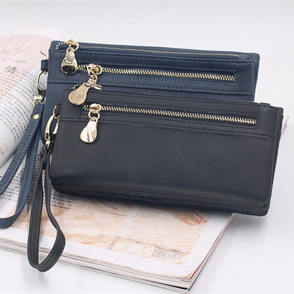 Fashion Dual-Zipper Matte Faux Leather Women Long Purse Cash Card Clutch Bag