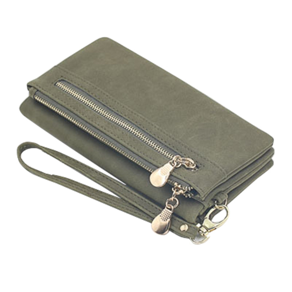 Fashion Dual-Zipper Matte Faux Leather Women Long Purse Cash Card Clutch Bag