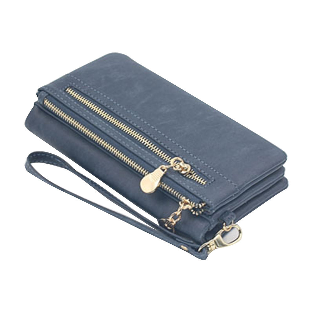 Fashion Dual-Zipper Matte Faux Leather Women Long Purse Cash Card Clutch Bag