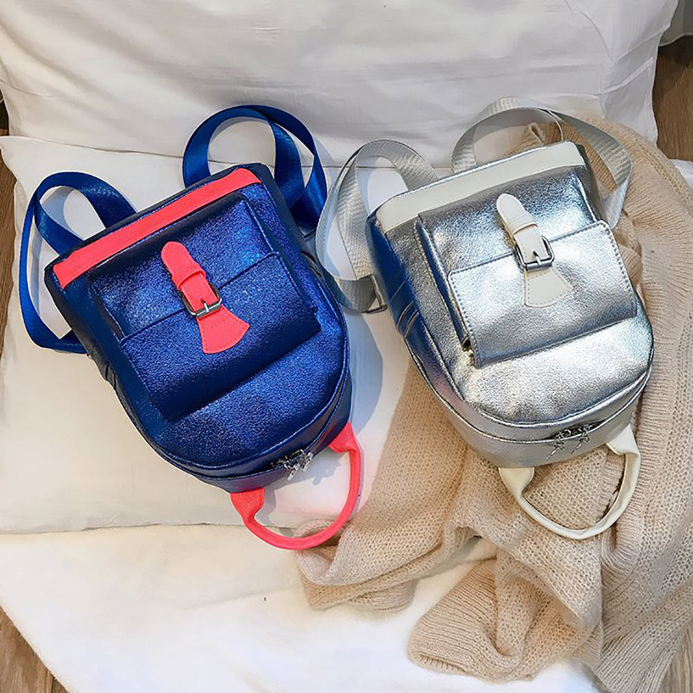 Fashion Women Color Block Laser Faux Leather Backpack Small Tote Shoulder Bag