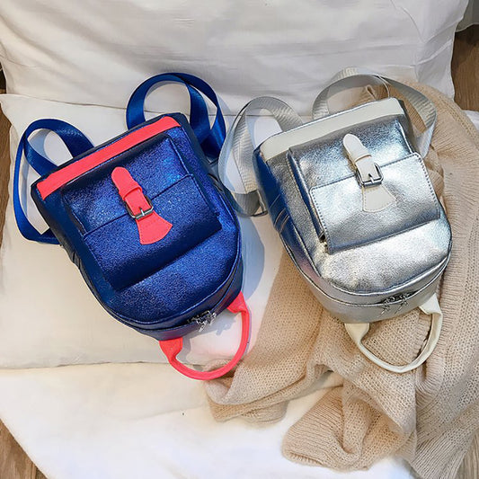 Fashion Women Color Block Laser Faux Leather Backpack Small Tote Shoulder Bag