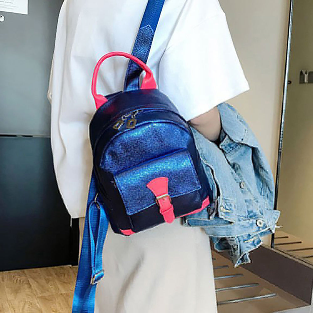 Fashion Women Color Block Laser Faux Leather Backpack Small Tote Shoulder Bag