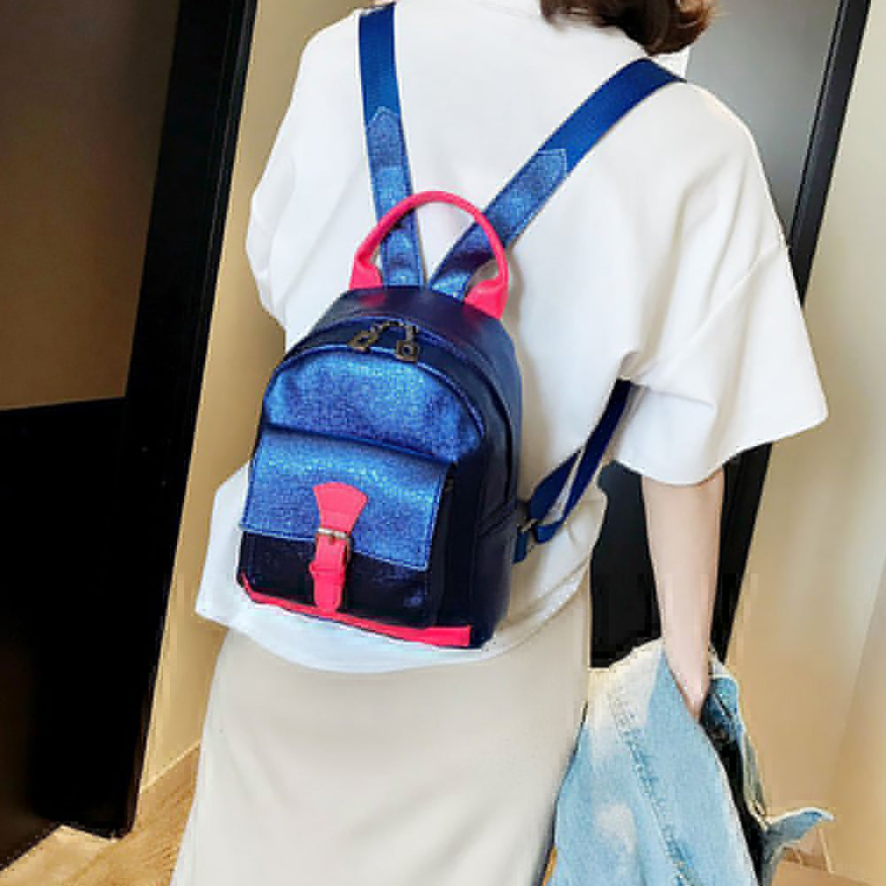 Fashion Women Color Block Laser Faux Leather Backpack Small Tote Shoulder Bag