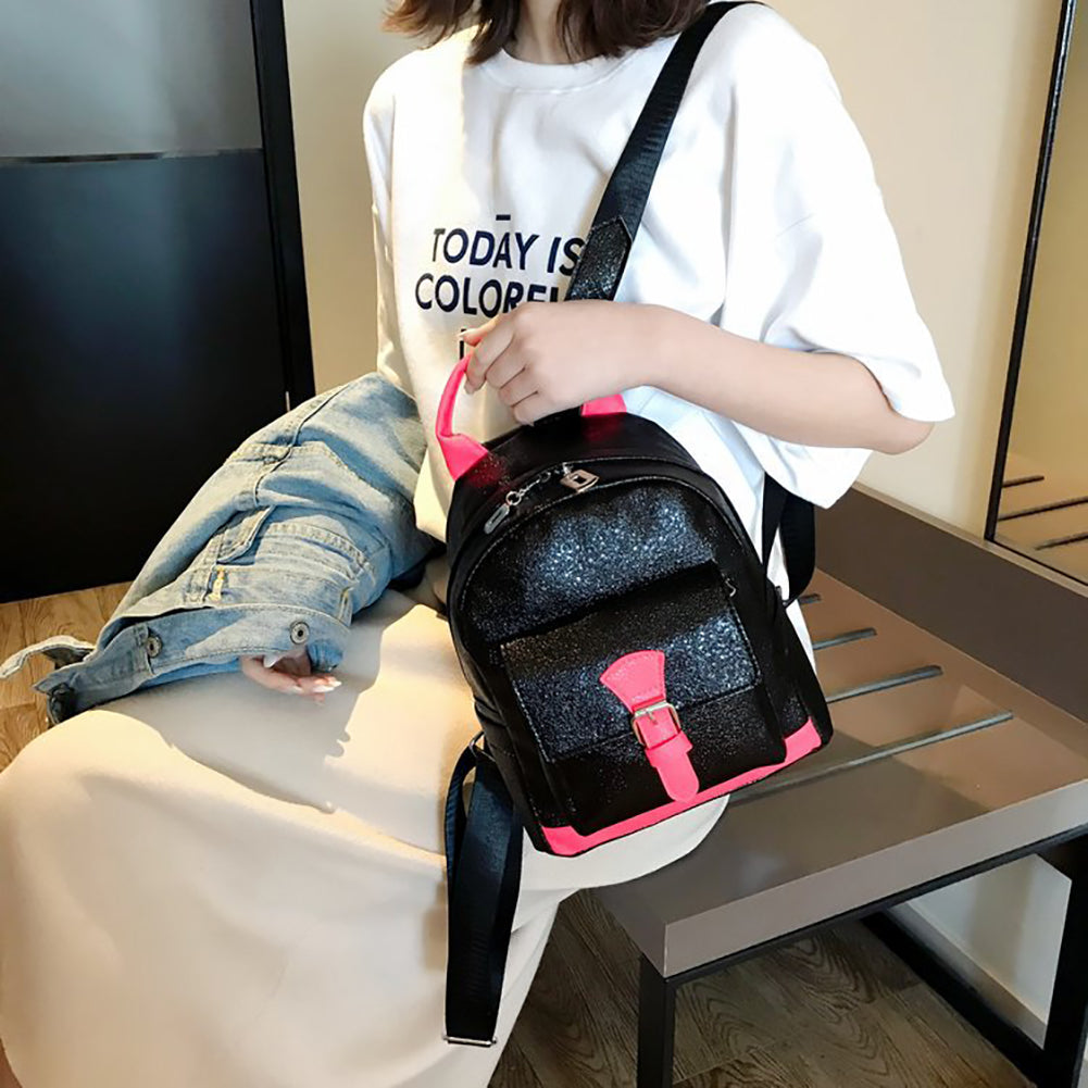 Fashion Women Color Block Laser Faux Leather Backpack Small Tote Shoulder Bag