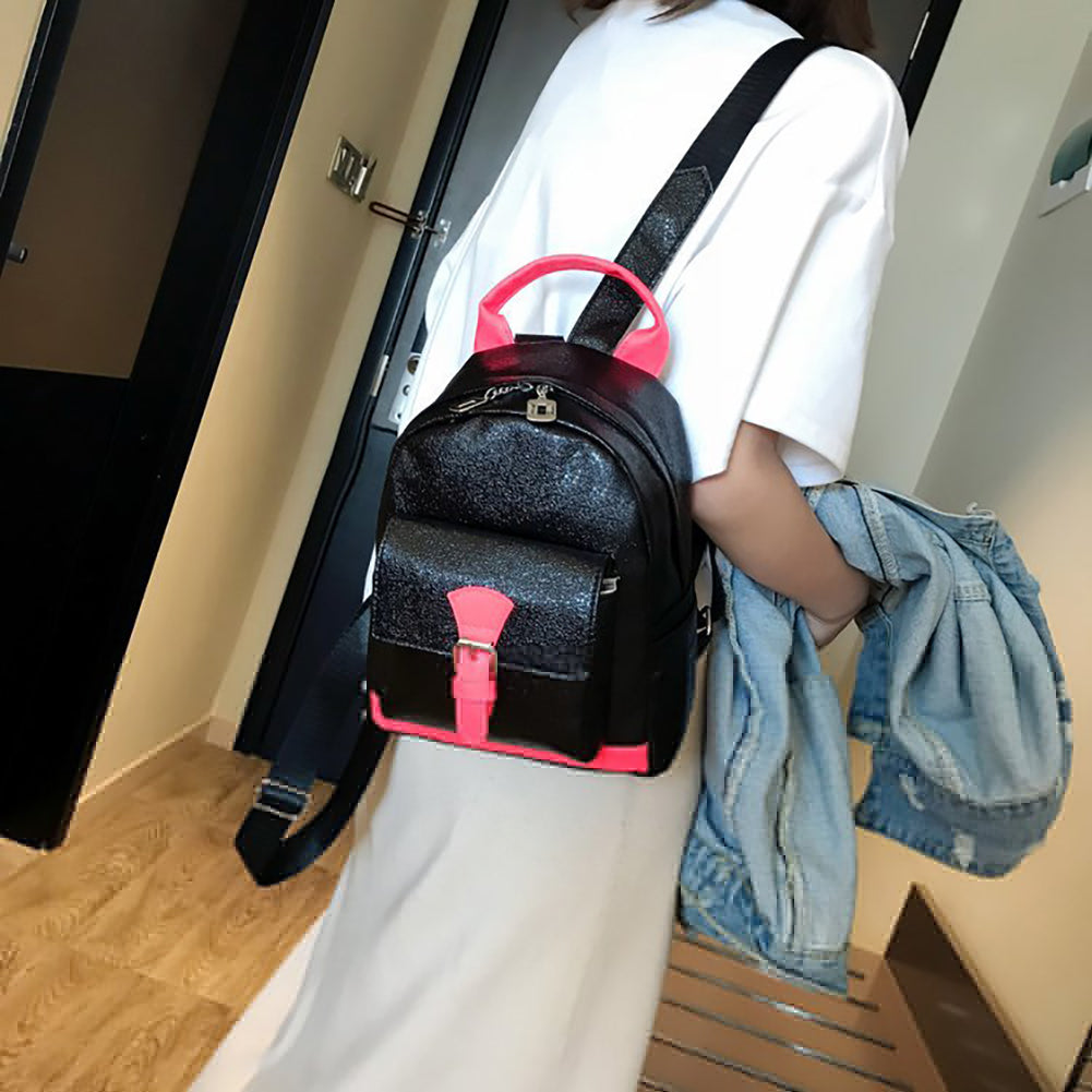 Fashion Women Color Block Laser Faux Leather Backpack Small Tote Shoulder Bag