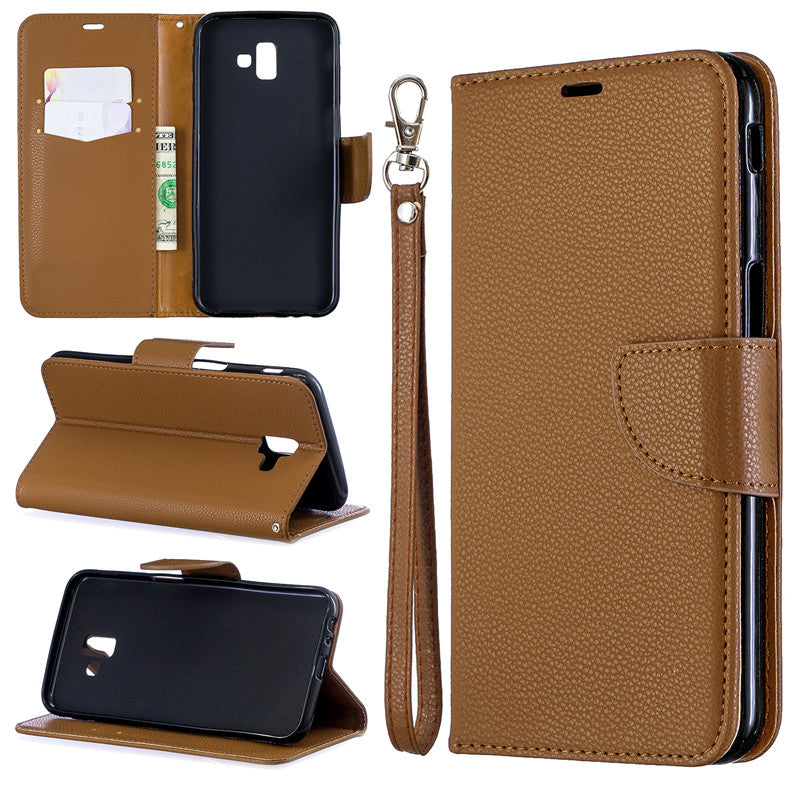 Flip Cover Stand Wallet For Samsung Galaxy J6 Plus Case Pure Color Lichee Pattern PU Leather Cases For Samsung Galaxy J6 Prime