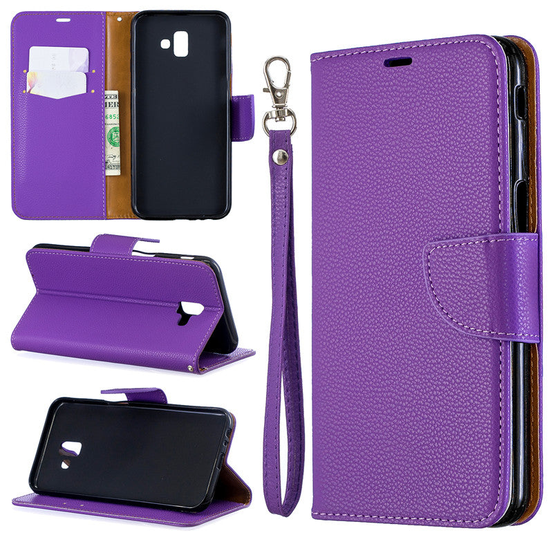 Flip Cover Stand Wallet For Samsung Galaxy J6 Plus Case Pure Color Lichee Pattern PU Leather Cases For Samsung Galaxy J6 Prime