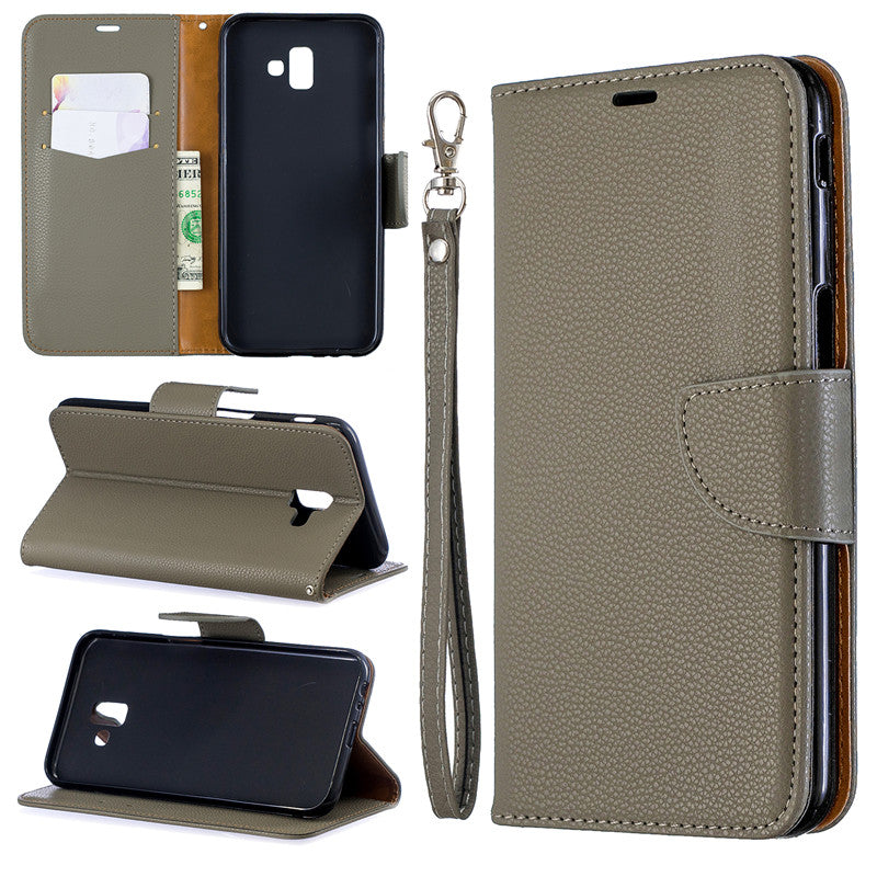 Flip Cover Stand Wallet For Samsung Galaxy J6 Plus Case Pure Color Lichee Pattern PU Leather Cases For Samsung Galaxy J6 Prime