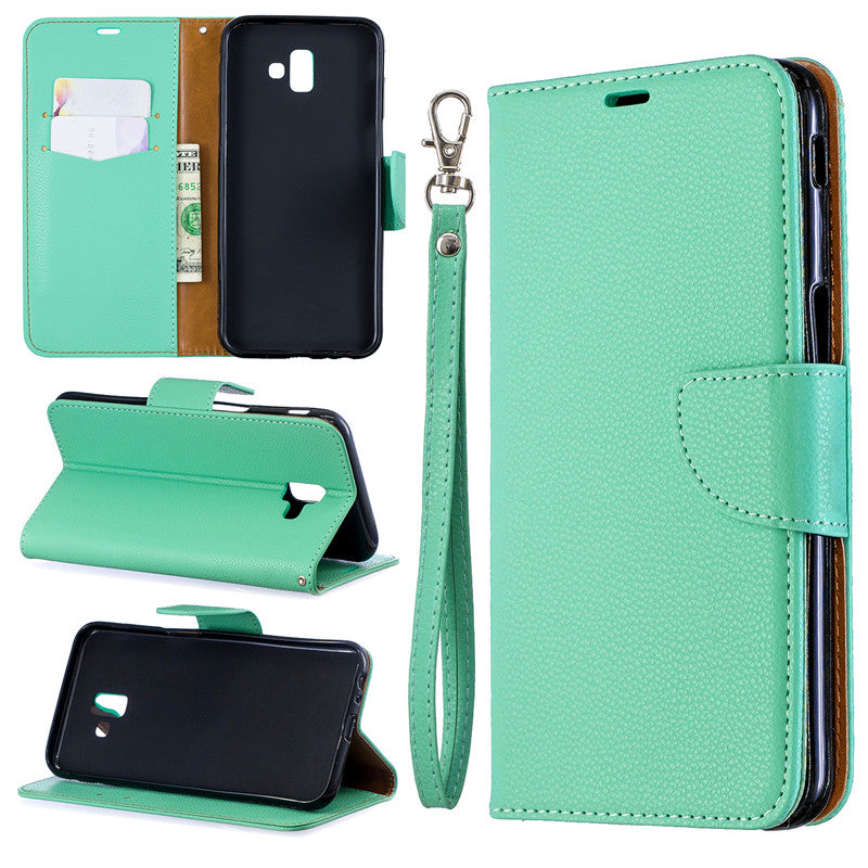 Flip Cover Stand Wallet For Samsung Galaxy J6 Plus Case Pure Color Lichee Pattern PU Leather Cases For Samsung Galaxy J6 Prime