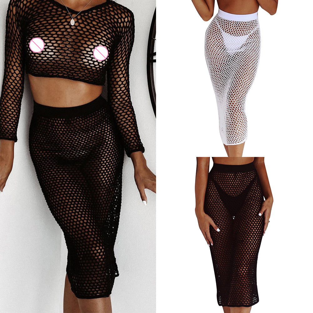 Women Sexy See-through Mesh Hollow Long Sleeve Crop Top Summer Beach Skirt