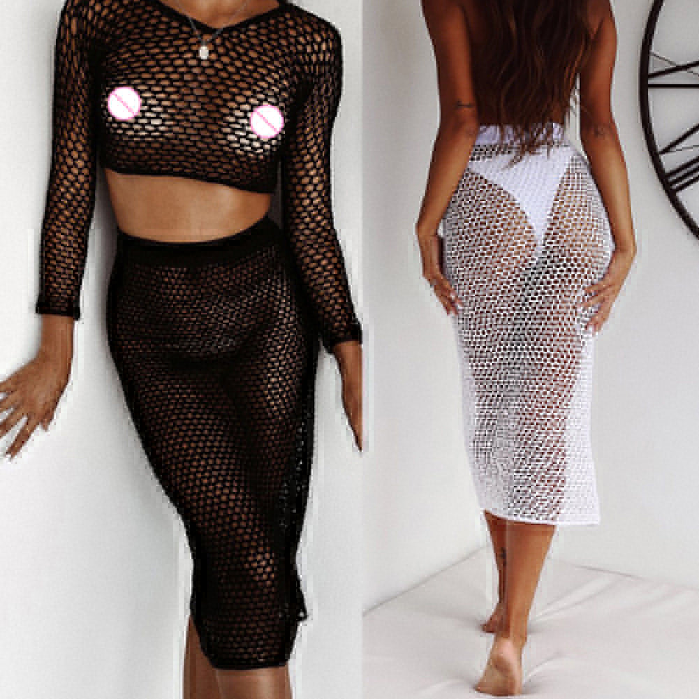 Women Sexy See-through Mesh Hollow Long Sleeve Crop Top Summer Beach Skirt