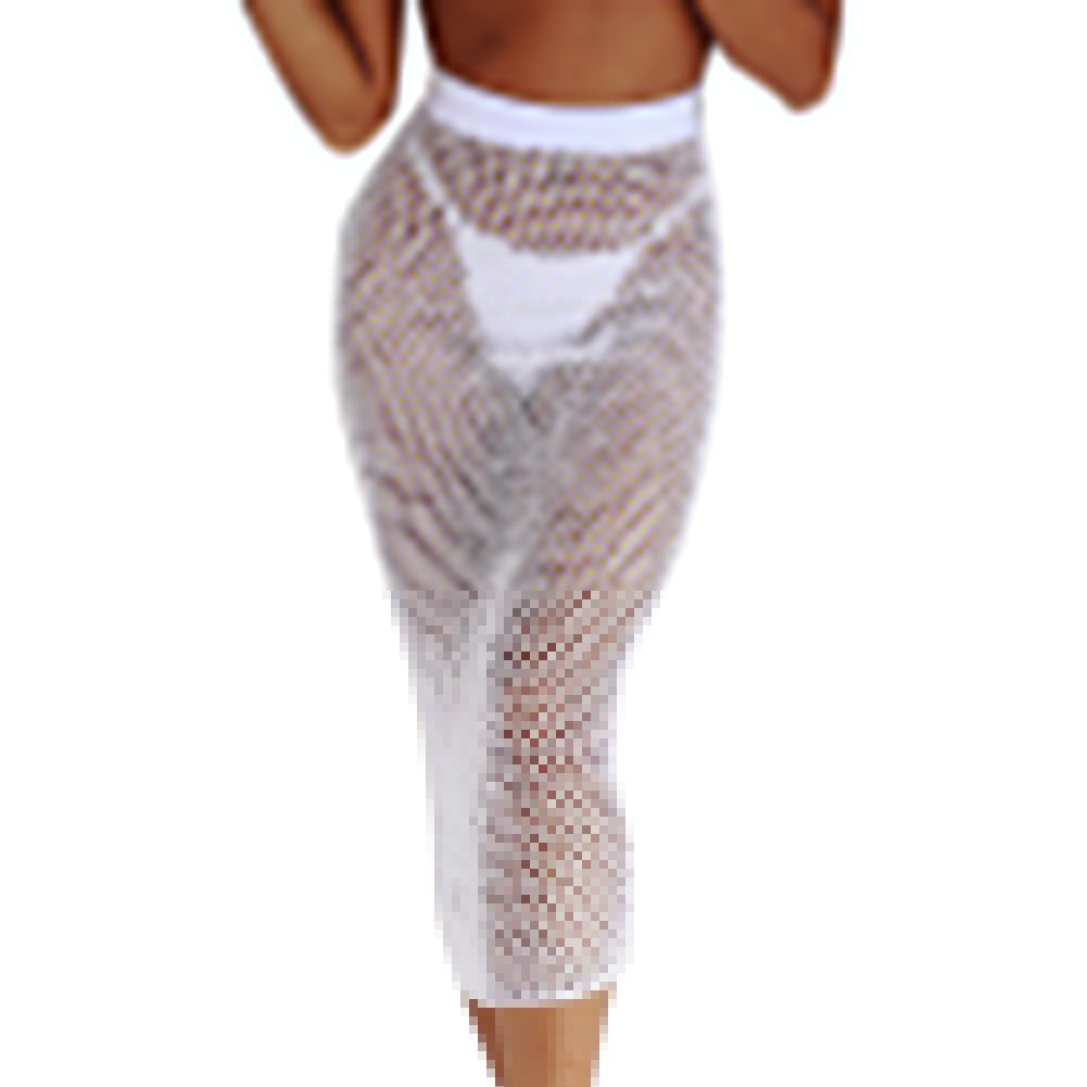 Women Sexy See-through Mesh Hollow Long Sleeve Crop Top Summer Beach Skirt