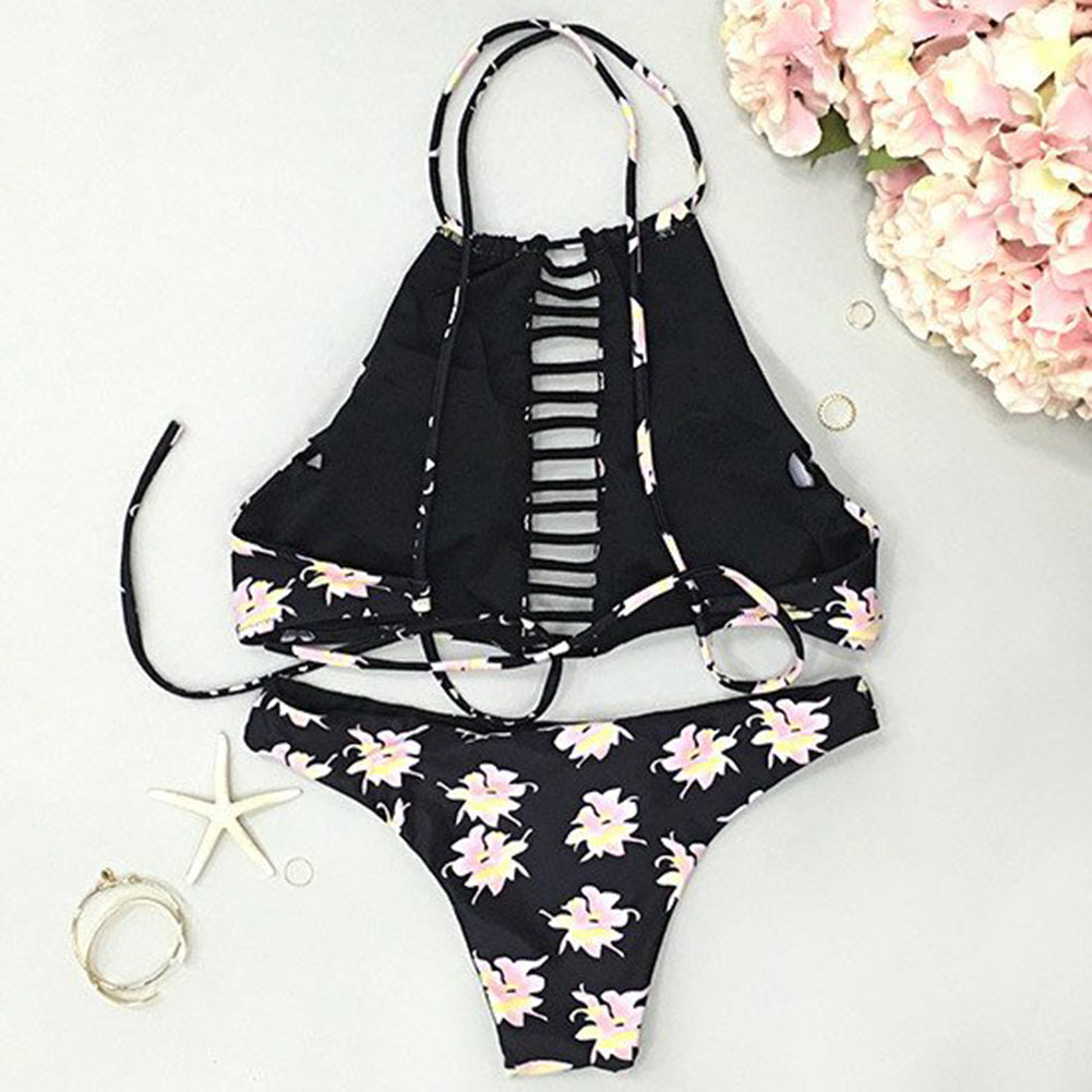 Sexy Summer Bikini Set Padded Floral Print Self Tie 2 Pieces Women Bathing Suit