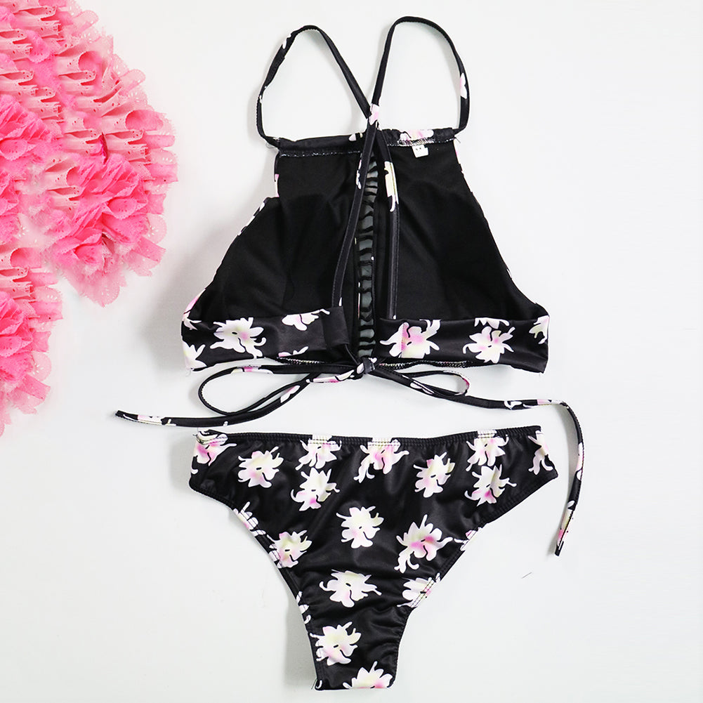 Sexy Summer Bikini Set Padded Floral Print Self Tie 2 Pieces Women Bathing Suit