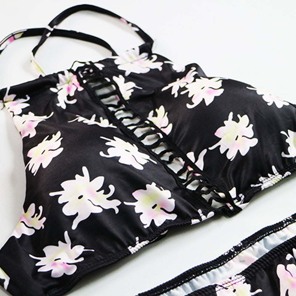 Sexy Summer Bikini Set Padded Floral Print Self Tie 2 Pieces Women Bathing Suit