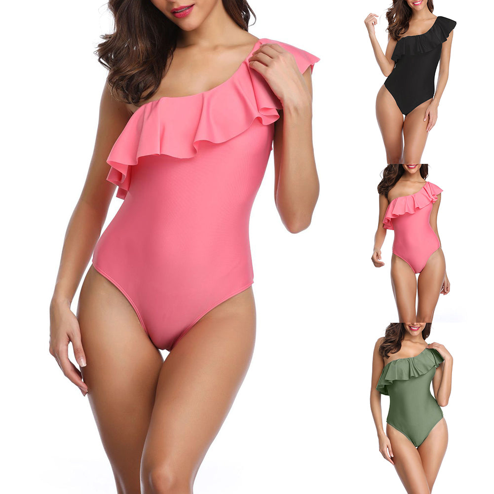 Sexy Ruffled One Shoulder Monokini Beach Women Solid Color One-piece Swimwear