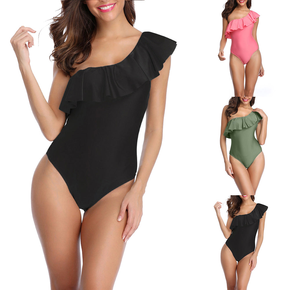 Sexy Ruffled One Shoulder Monokini Beach Women Solid Color One-piece Swimwear