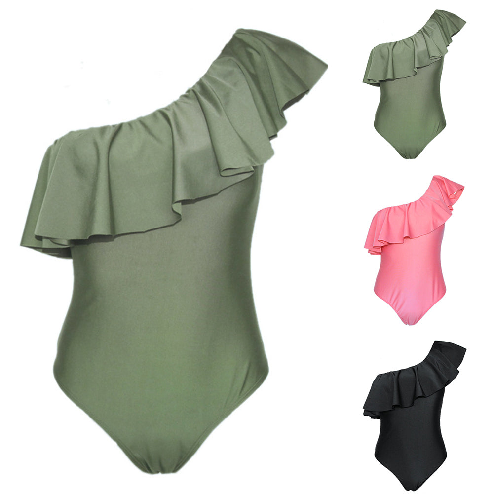 Sexy Ruffled One Shoulder Monokini Beach Women Solid Color One-piece Swimwear