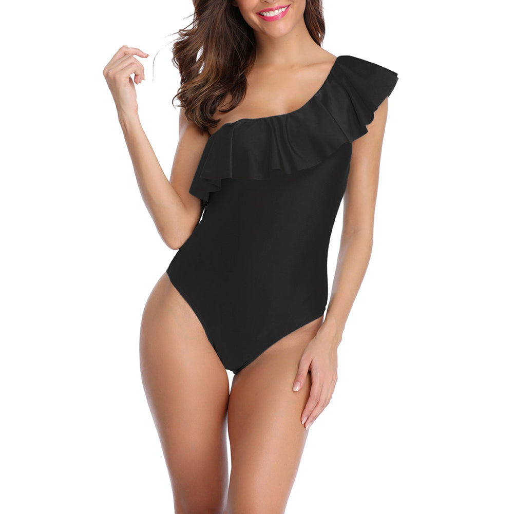 Sexy Ruffled One Shoulder Monokini Beach Women Solid Color One-piece Swimwear