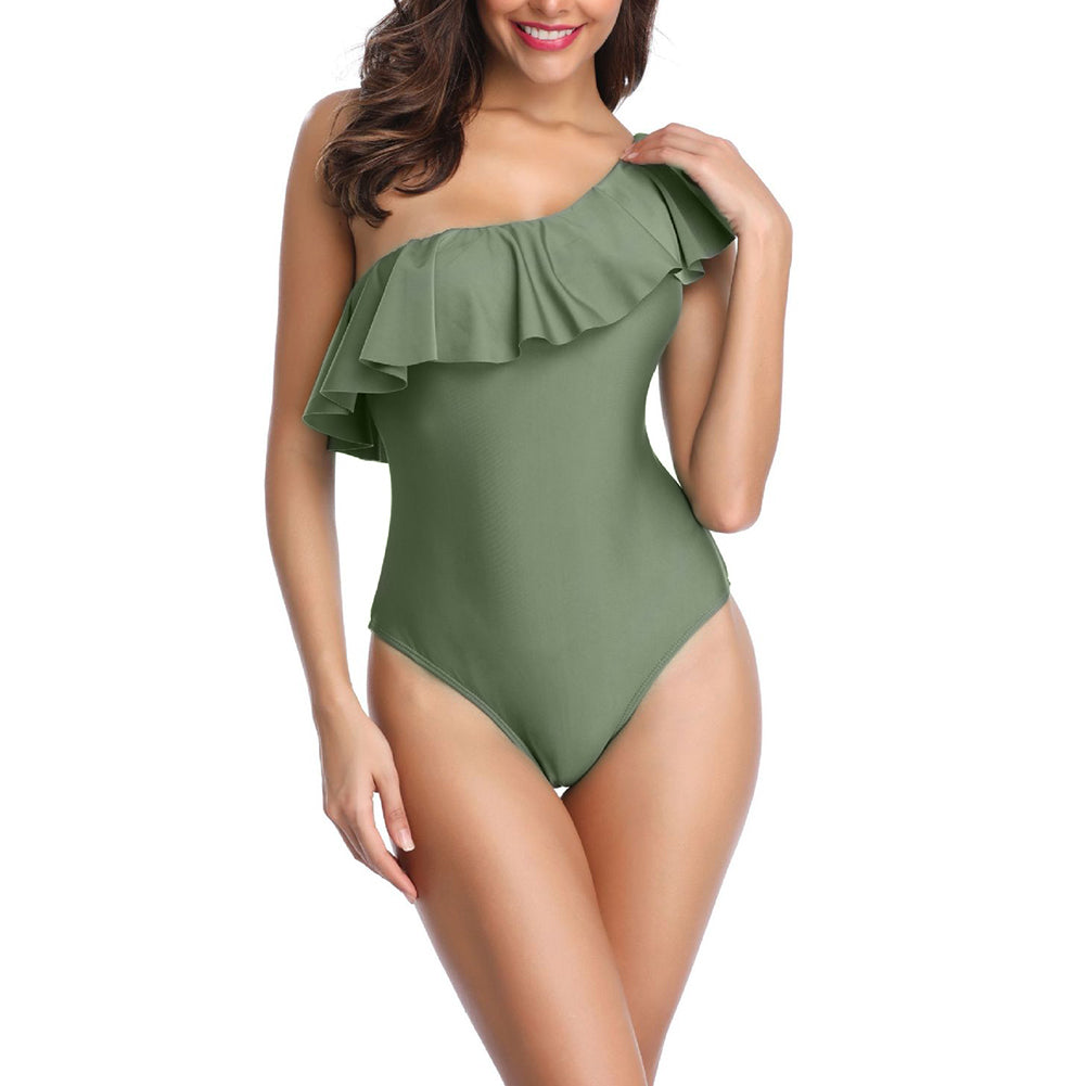 Sexy Ruffled One Shoulder Monokini Beach Women Solid Color One-piece Swimwear