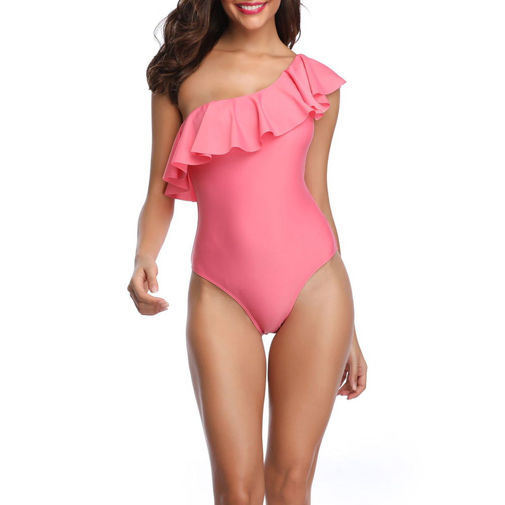 Sexy Ruffled One Shoulder Monokini Beach Women Solid Color One-piece Swimwear