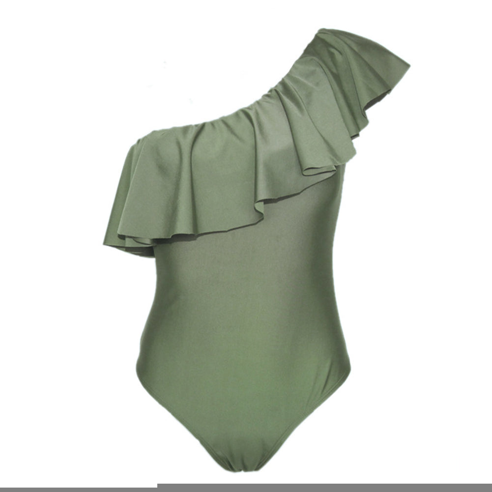 Sexy Ruffled One Shoulder Monokini Beach Women Solid Color One-piece Swimwear