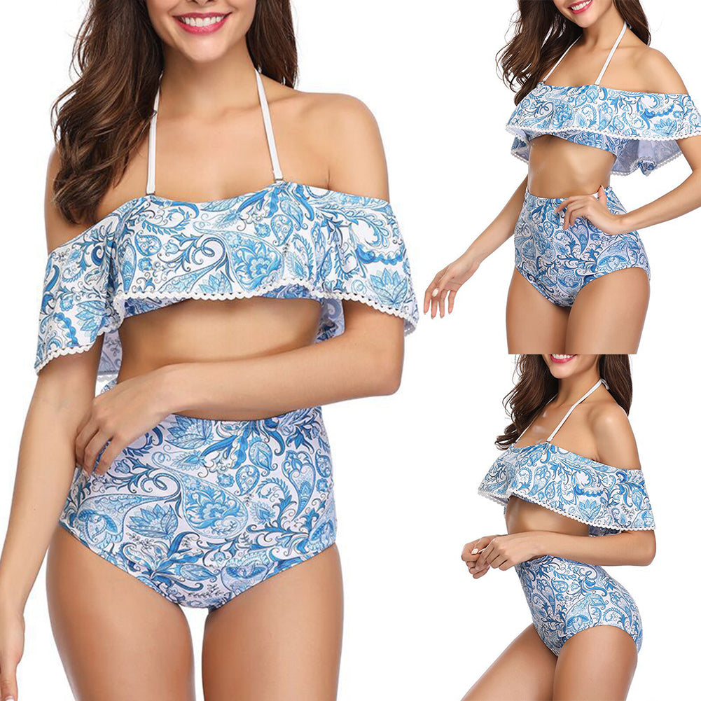 Sexy Two-piece Women Swimsuit Floral Print Halter Ruffled High Waist Bikini Set