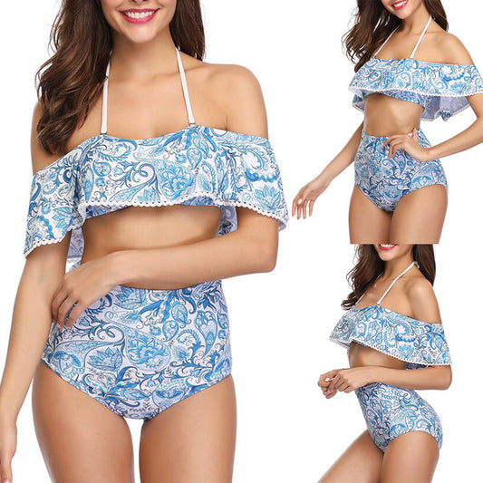 Sexy Two-piece Women Swimsuit Floral Print Halter Ruffled High Waist Bikini Set