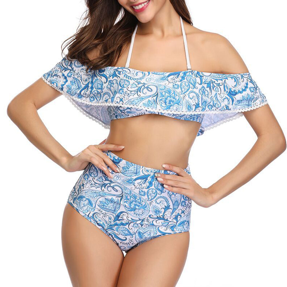 Sexy Two-piece Women Swimsuit Floral Print Halter Ruffled High Waist Bikini Set