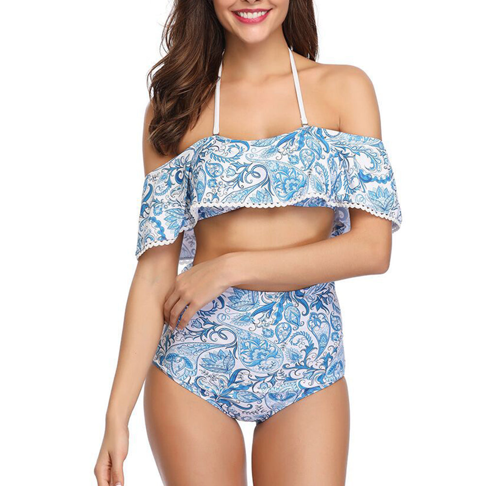 Sexy Two-piece Women Swimsuit Floral Print Halter Ruffled High Waist Bikini Set