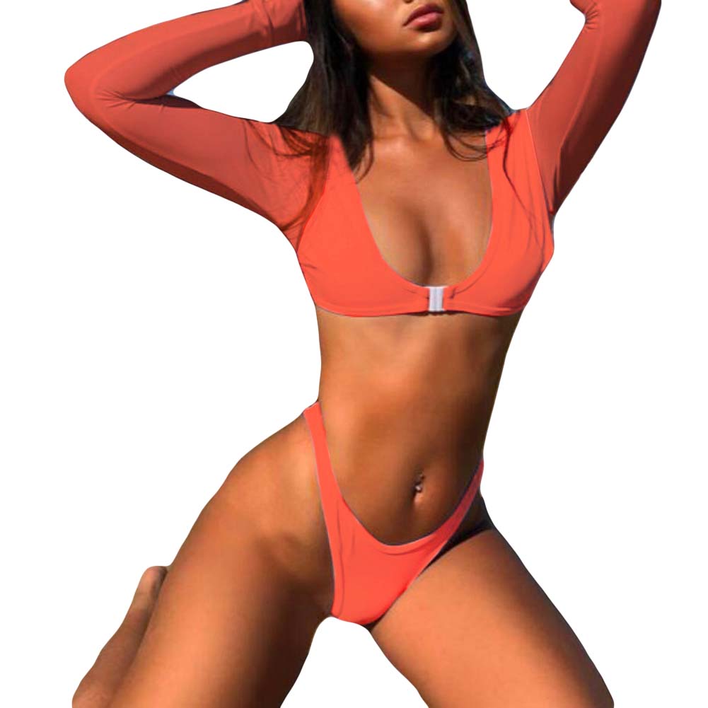 Solid Color Buckled Long Sleeve Crop Top Briefs Lady Two-piece Swimsuit Swimwear