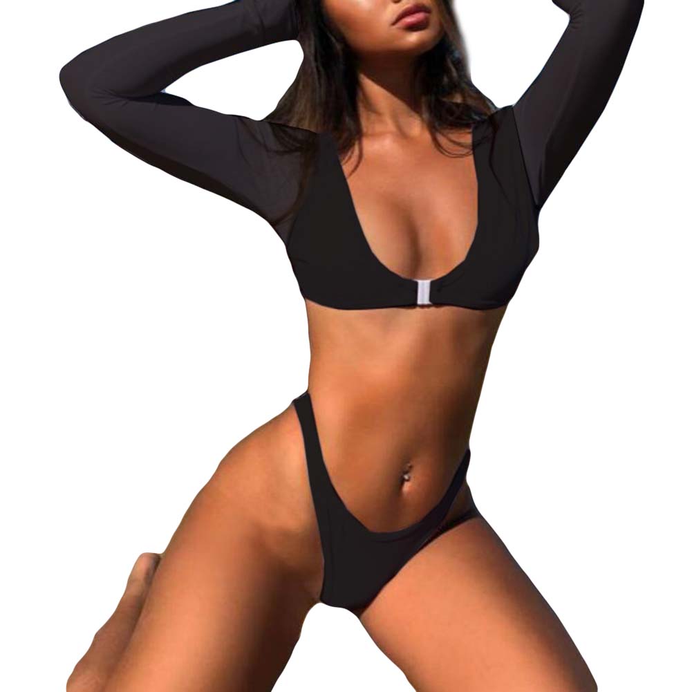 Solid Color Buckled Long Sleeve Crop Top Briefs Lady Two-piece Swimsuit Swimwear
