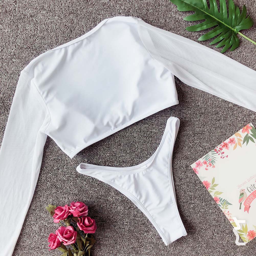 Solid Color Buckled Long Sleeve Crop Top Briefs Lady Two-piece Swimsuit Swimwear