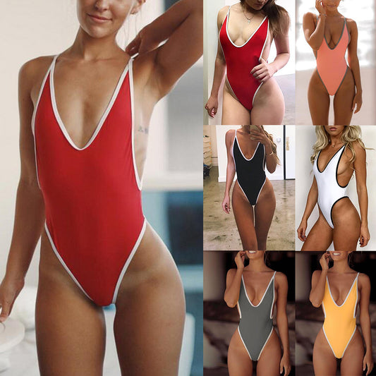 Summer Sexy Women Color Block Deep V Backless Monokini Beach One-piece Swimwear