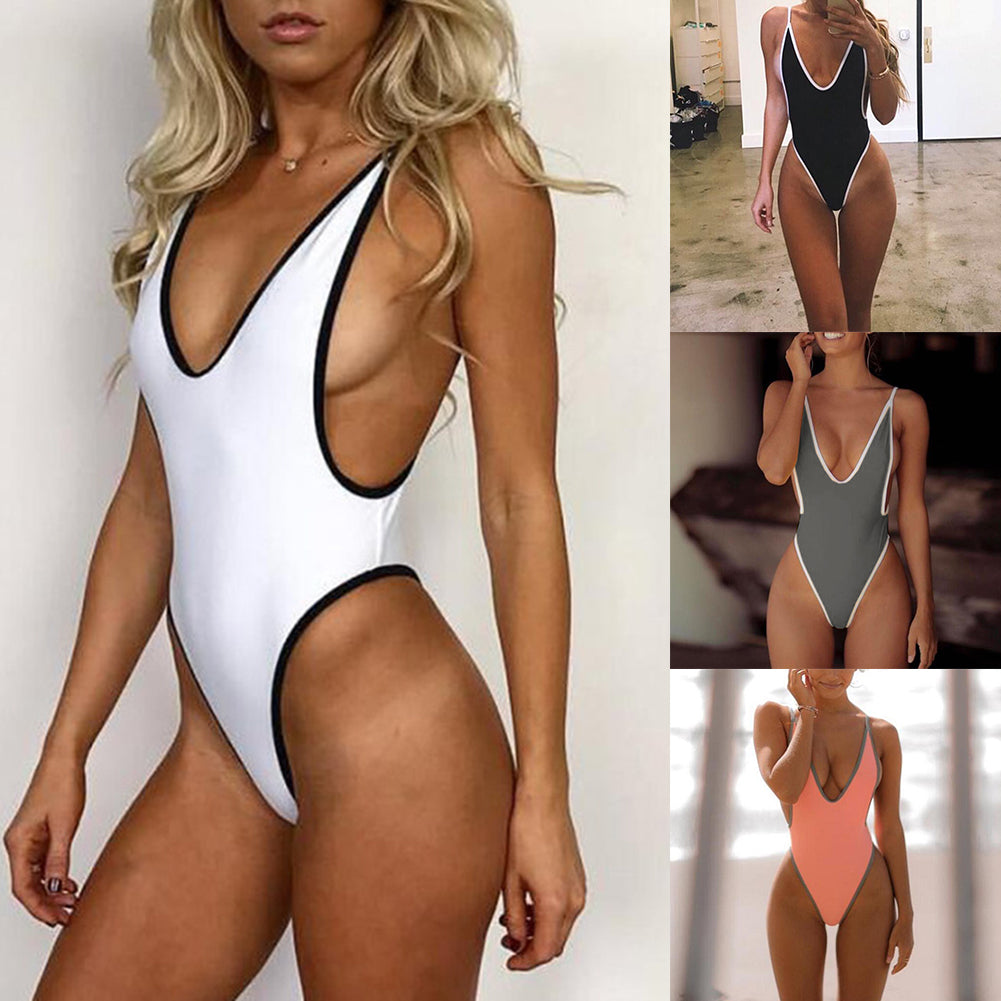 Summer Sexy Women Color Block Deep V Backless Monokini Beach One-piece Swimwear
