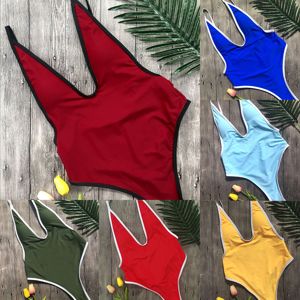Summer Sexy Women Color Block Deep V Backless Monokini Beach One-piece Swimwear