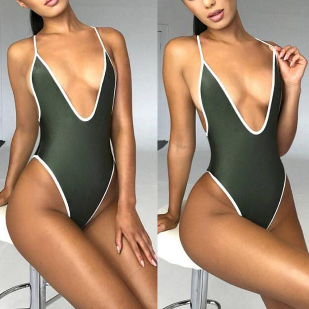 Summer Sexy Women Color Block Deep V Backless Monokini Beach One-piece Swimwear