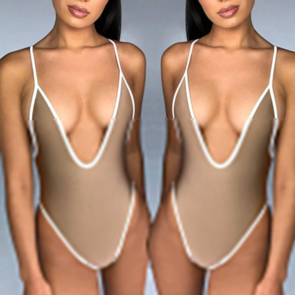 Summer Sexy Women Color Block Deep V Backless Monokini Beach One-piece Swimwear