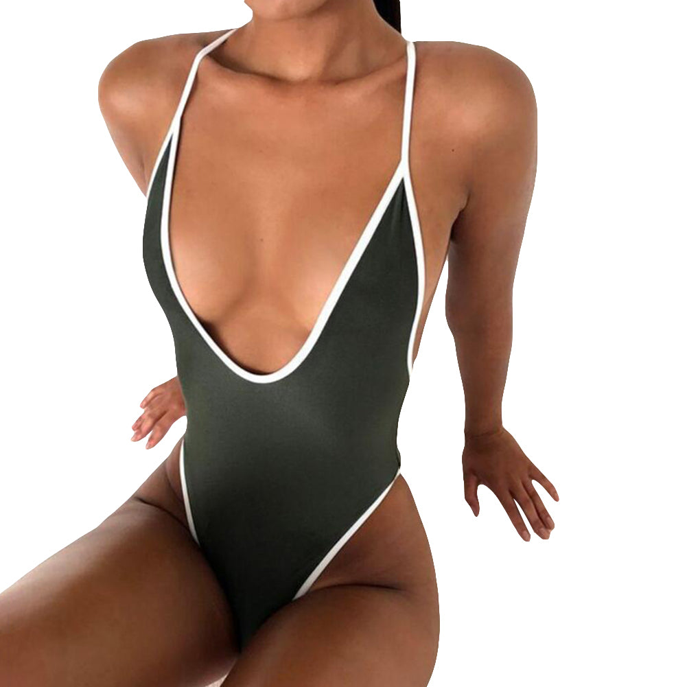Summer Sexy Women Color Block Deep V Backless Monokini Beach One-piece Swimwear