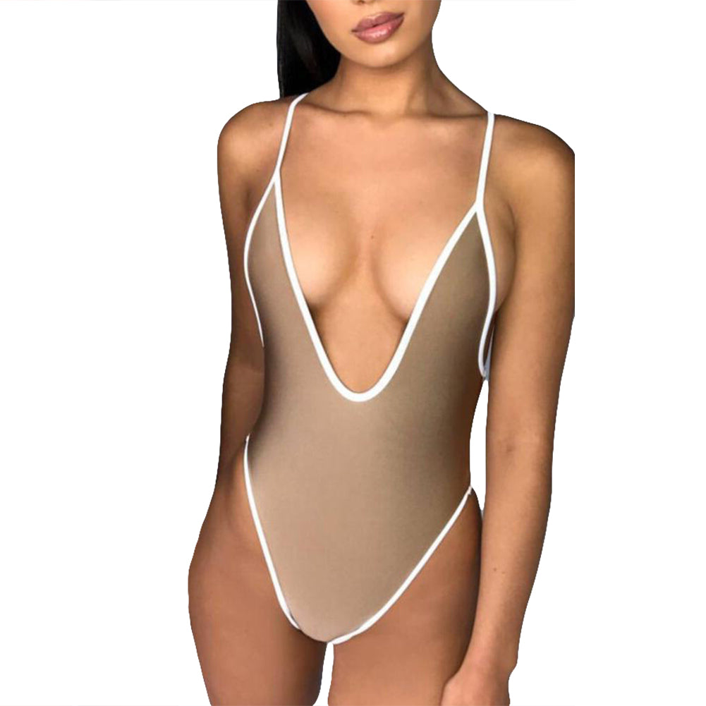 Summer Sexy Women Color Block Deep V Backless Monokini Beach One-piece Swimwear