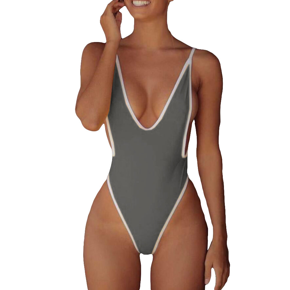 Summer Sexy Women Color Block Deep V Backless Monokini Beach One-piece Swimwear