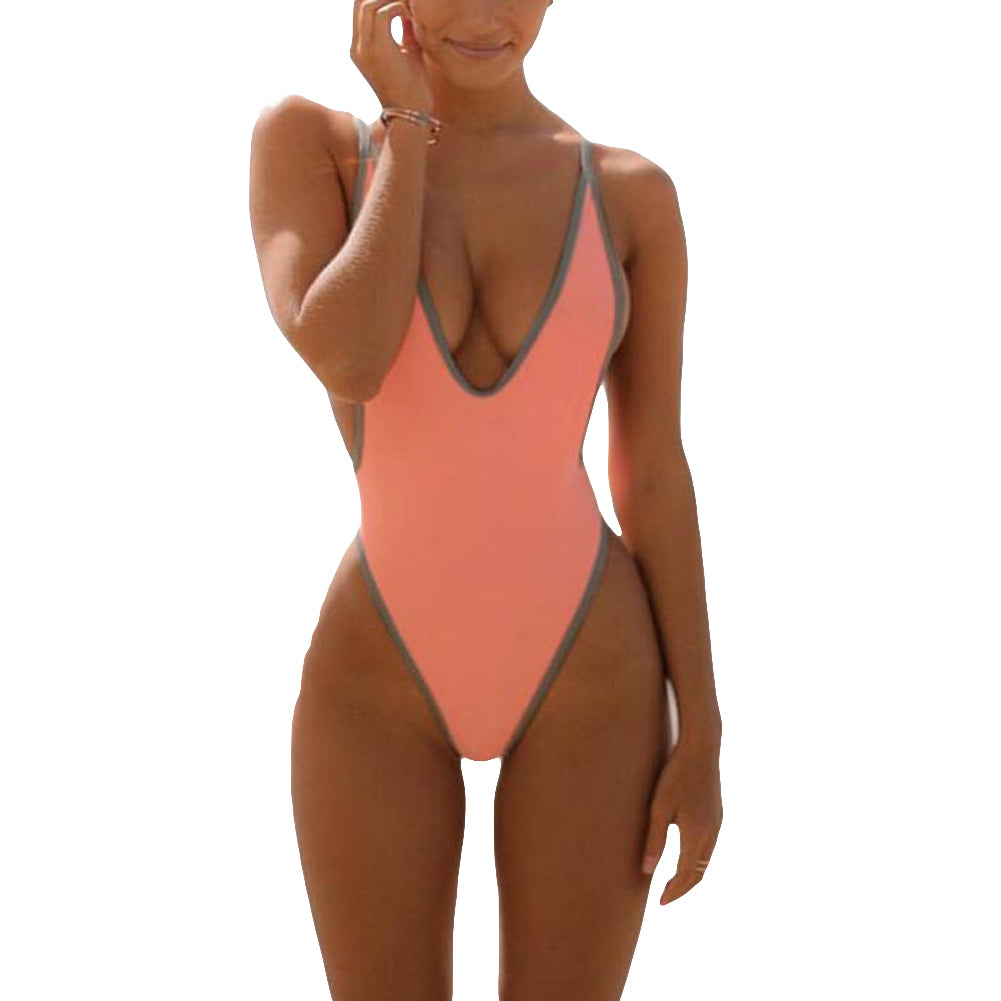 Summer Sexy Women Color Block Deep V Backless Monokini Beach One-piece Swimwear